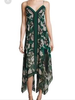 BCBGMaxAzria Green and White Floral Handkerchief Hem Midi Dress Size XS